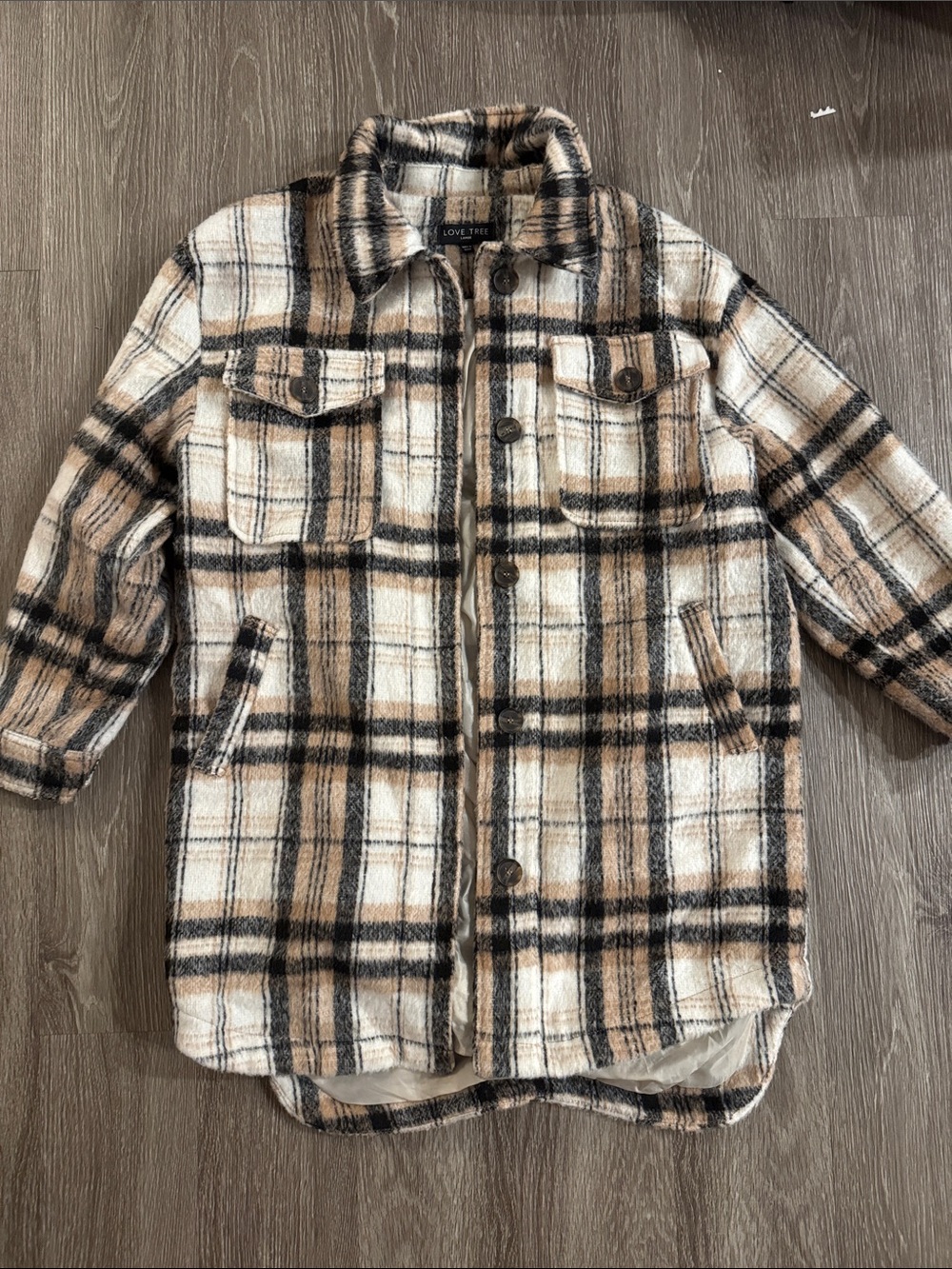 Love Tree Women’s Plaid Shacket Jacket - Cream, Tan & Black